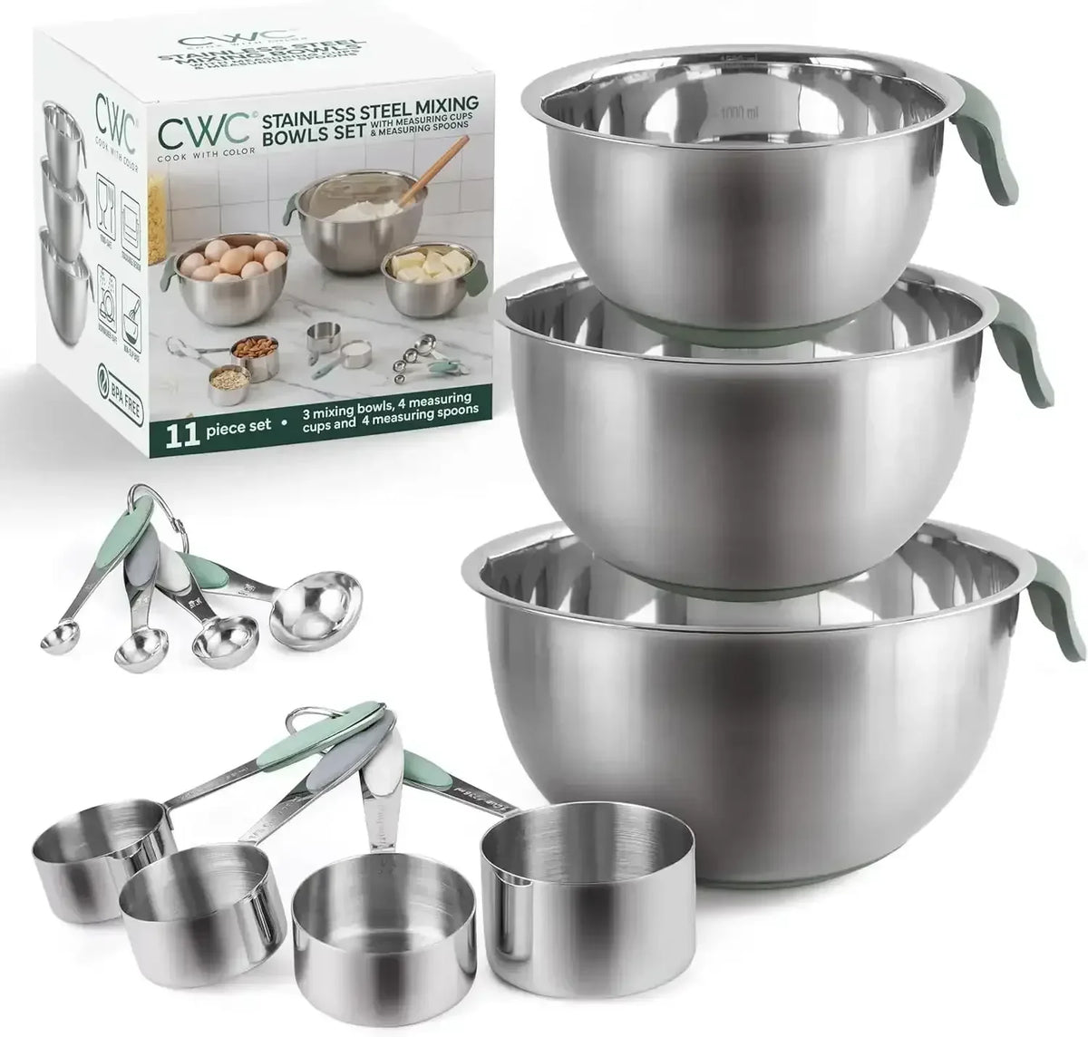 COOK WITH COLOR Stainless Steel Mixing Bowls Set and Measuring Cups- Nesting Bowls with Non-Slip Bottom and Easy-Grip Handles, 11 Pieces