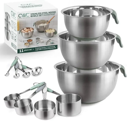 COOK WITH COLOR Stainless Steel Mixing Bowls Set and Measuring Cups- Nesting Bowls with Non-Slip Bottom and Easy-Grip Handles, 11 Pieces