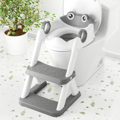 COOSEYA Potty Training Seat , Potty Training Toilet for Kids , Toddler Toilet Seat with Ladder, Children 12+ Months(Frog/Grey)