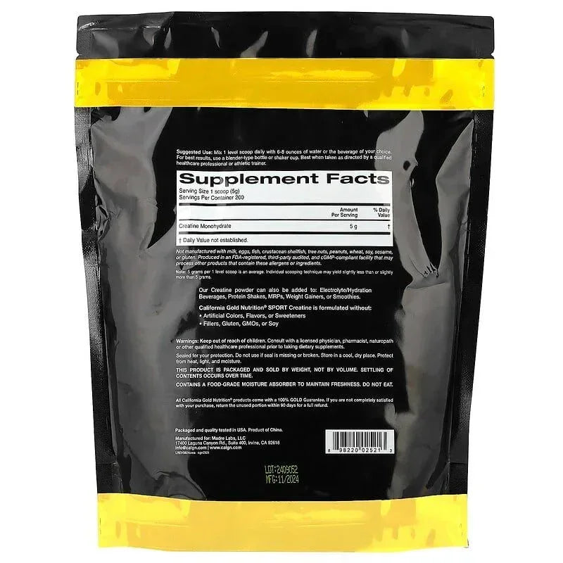 California Gold Nutrition, Sport, Pure Creatine Monohydrate, Unflavored, 1 lb (454 g)
