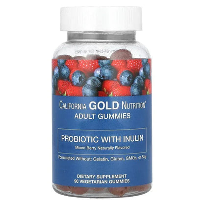 California Gold Nutrition, Probiotic with Inulin Gummies with Vitamin C, Folate, Berry Extract Blend and Organic Inulin, Natural Mixed Berry, 90 Vegetarian Gummies