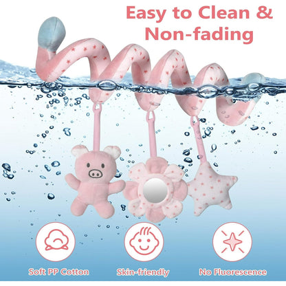 Car Seat Toys for Baby 0-6 Months, Pink Piggy Spiral Plush Toy for Crib Carseat with Mirror Rattles Baby Essentials