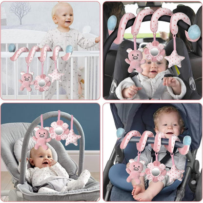 Car Seat Toys for Baby 0-6 Months, Pink Piggy Spiral Plush Toy for Crib Carseat with Mirror Rattles Baby Essentials