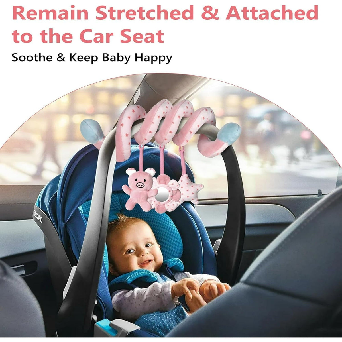 Car Seat Toys for Baby 0-6 Months, Pink Piggy Spiral Plush Toy for Crib Carseat with Mirror Rattles Baby Essentials