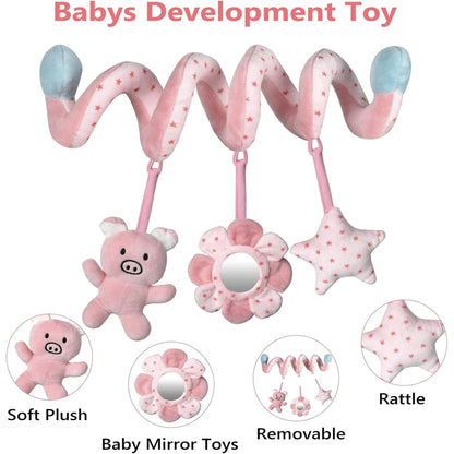 Car Seat Toys for Baby 0-6 Months, Pink Piggy Spiral Plush Toy for Crib Carseat with Mirror Rattles Baby Essentials