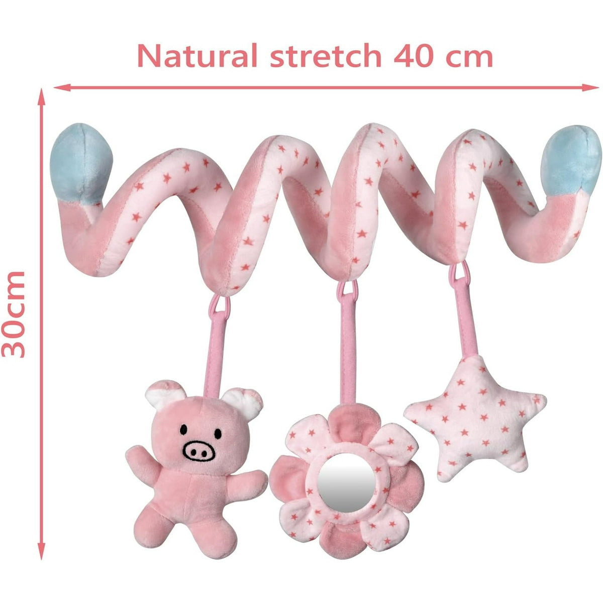 Car Seat Toys for Baby 0-6 Months, Pink Piggy Spiral Plush Toy for Crib Carseat with Mirror Rattles Baby Essentials