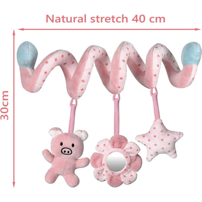 Car Seat Toys for Baby 0-6 Months, Pink Piggy Spiral Plush Toy for Crib Carseat with Mirror Rattles Baby Essentials
