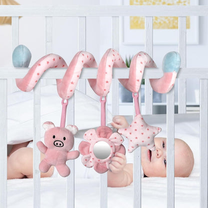 Car Seat Toys for Baby 0-6 Months, Pink Piggy Spiral Plush Toy for Crib Carseat with Mirror Rattles Baby Essentials