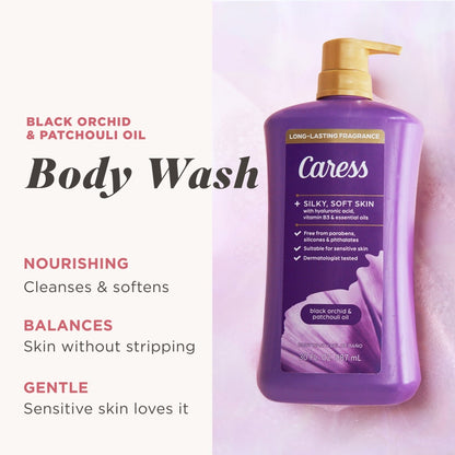 Caress Black Orchid & Patchouli Oil Body Wash With Pump, Moisturizing Body Wash with Hyaluronic Acid & Vitamin B3, 30 oz