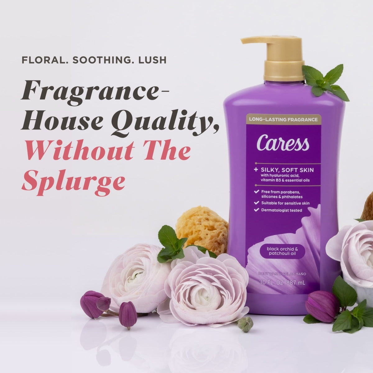 Caress Black Orchid & Patchouli Oil Body Wash With Pump, Moisturizing Body Wash with Hyaluronic Acid & Vitamin B3, 30 oz