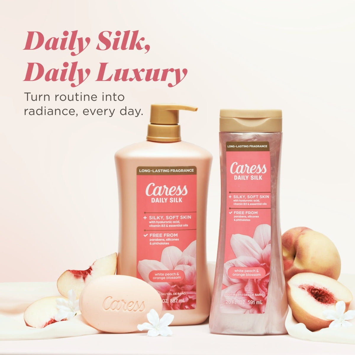 Caress Daily Silk Body Wash, Moisturizing Body Soap - Hyaluronic Acid, Vitamin B3, 20 oz