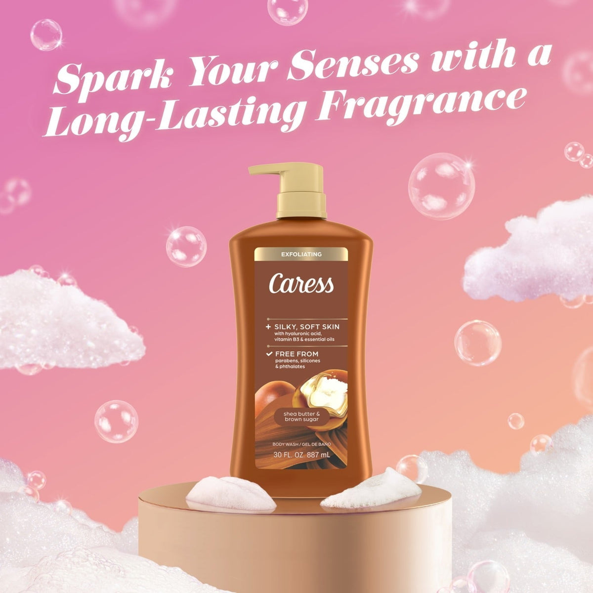 Caress Exfoliating Body Wash for Women, Shea Butter & Brown Sugar Shower Gel for All Skin 30 fl oz