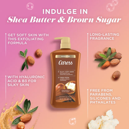 Caress Exfoliating Body Wash for Women, Shea Butter & Brown Sugar Shower Gel for All Skin 30 fl oz