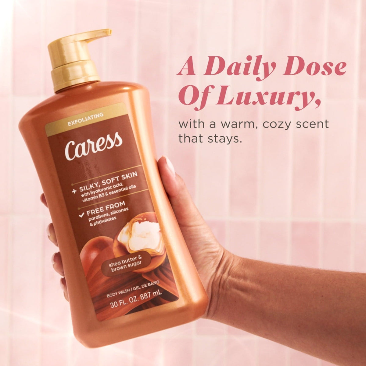 Caress Shea Butter & Brown Sugar Body Wash, Exfoliating & Moisturizing, Hyaluronic Acid, 30 oz