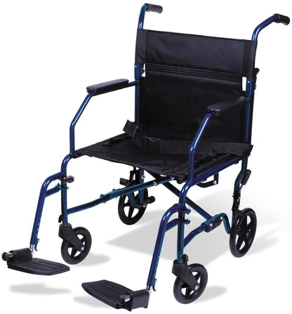 Carex Steel Transport Chair with 19" Seat, Swing-Away Footrests, Blue, 300 lb Weight Capacity