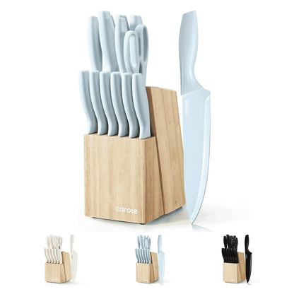 Carote 15-Piece Premium Kitchen Knife Set, Black Ceramic-Coated Blades with Stylish Wooden Block