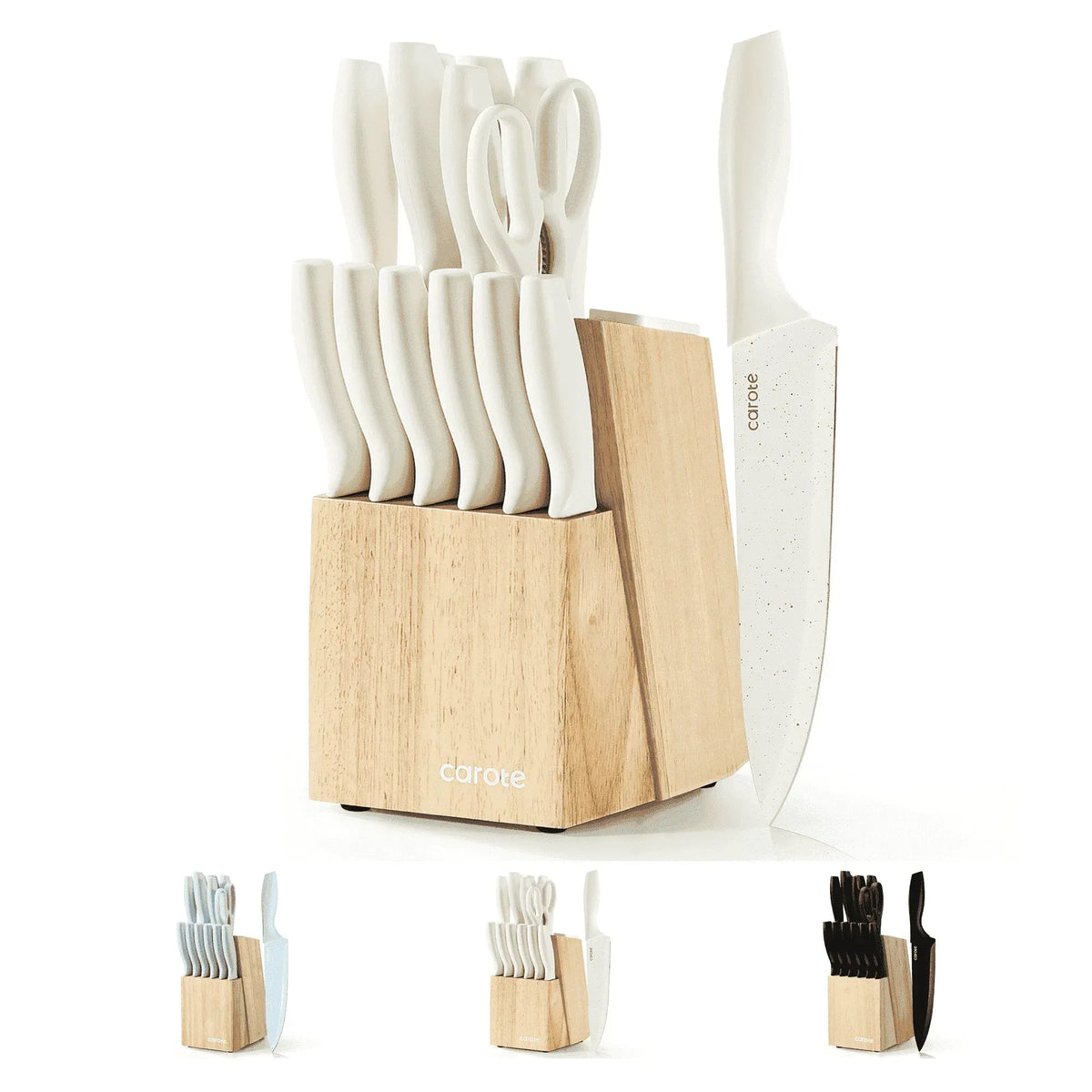 Carote 15-Piece Premium Kitchen Knife Set, Black Ceramic-Coated Blades with Stylish Wooden Block