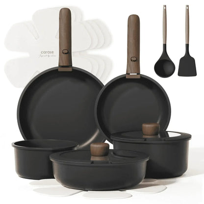 Carote 15 Pcs Nonstick Cookware Sets, Granite Non Stick Pots and Pans with Removable Handles, Oven Safe, Induction Compatible, Black