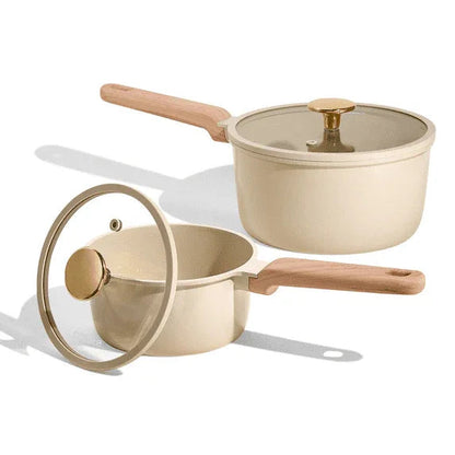 Carote 1.6QT & 3QT Ceramic Nonstick Saucepan Set with Lids, Small Cooking Pot, Induction Compatible, Oatmeal