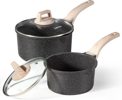 Carote 1.5Qt & 3.0Qt Non-Stick Sauce Pan Set with Lid, Non Stick Sauce Pots Cooking Pot with Pour Spout, Easy to Clean(Class Granite)