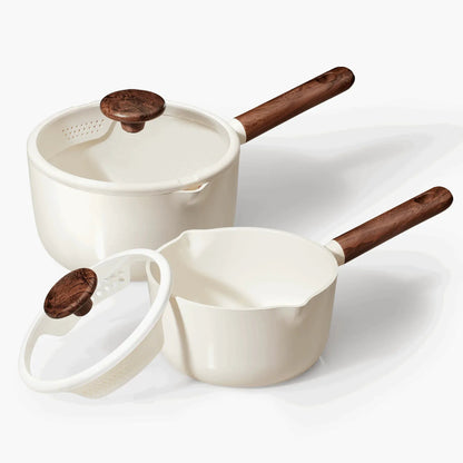 Carote 2QT & 3QT Ceramic Nonstick Saucepan Set with Strainer Lids, Small Cooking Pot, Induction Compatible, White
