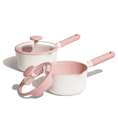 Carote 2.5QT & 3QT Ceramic Nonstick Saucepan Set with Lids, Small Cooking Pot, Induction Compatible, Pink