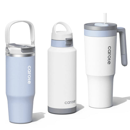 Carote 3pcs Insulated Stainless Steel Water Bottle and Tumbler Set with Straw/Handle, 34oz & 32oz*2, Blue