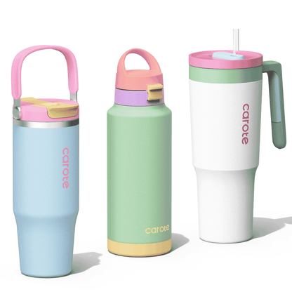 Carote 3pcs Insulated Stainless Steel Water Bottle and Tumbler Set with Straw/Handle, 34oz & 32oz*2, Blue