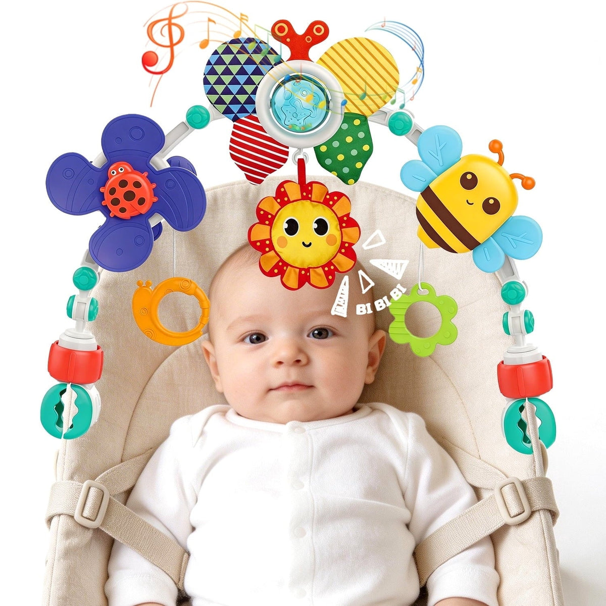 Caunedy Baby Stroller Arch Toy,Adjustable Arch Bassinet Toys with Hanging Sensory Activity Toys for Babies 0-12 Months,Used on Crib Bassinet Car Seat and Bouncer