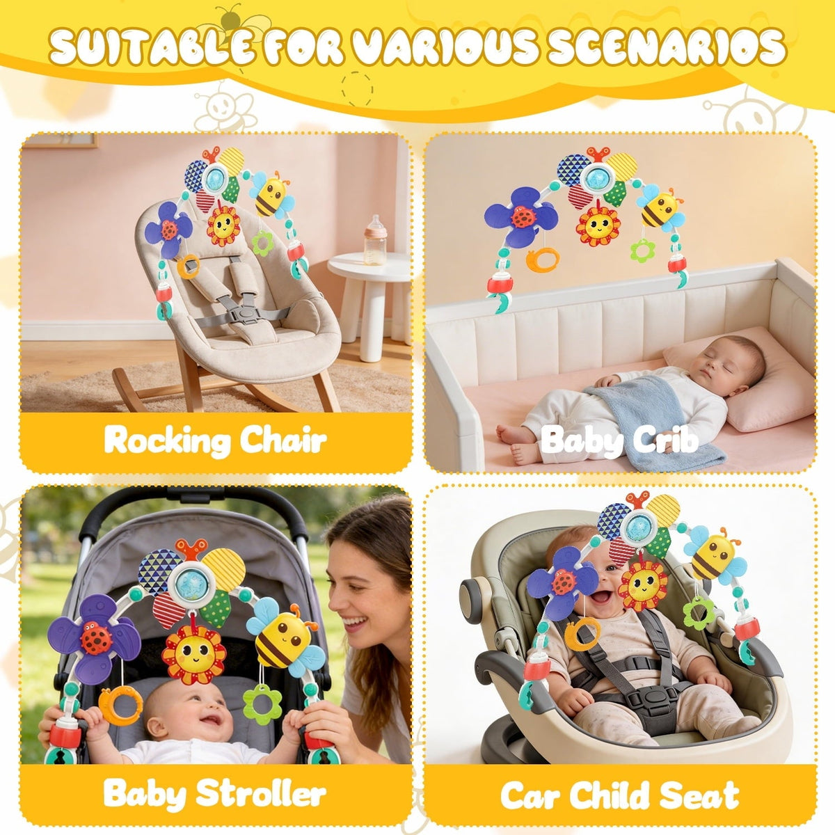 Caunedy Baby Stroller Arch Toy,Adjustable Arch Bassinet Toys with Hanging Sensory Activity Toys for Babies 0-12 Months,Used on Crib Bassinet Car Seat and Bouncer