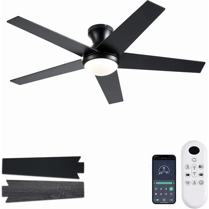 Ceiling Fans with Lights, 48 inch Low Profile Ceiling Fan with Light and Remote Control, Flush Mount, Reversible Motor, Dimmable, Noiseless, White Ceiling Fan for Bedroom, Indoor/Outdoor Use