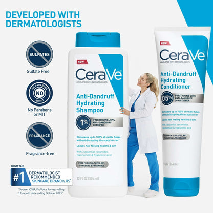 CeraVe Hydrating Anti-Dandruff Shampoo, 1% Pyrithione Zinc Dandruff Treatment With Ceramides, Niacinamide & Hyaluronic Acid, For Help With Flakey Itchy Scalp, 12 fl oz (3 PACK )