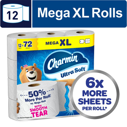 Charmin Toilet Paper Ultra Soft, 12 Mega XL Rolls, 2-Ply Bath Tissue