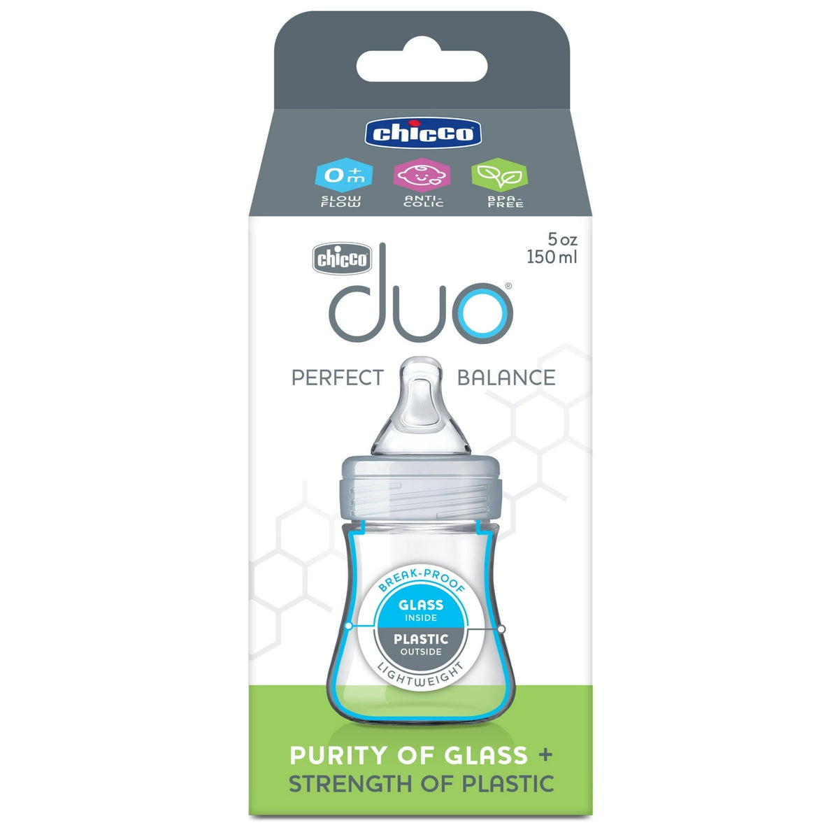 Chicco Duo Hybrid Baby Bottle, Invinci-Glass Inside/Plastic Outside, 5oz - Neutral, New