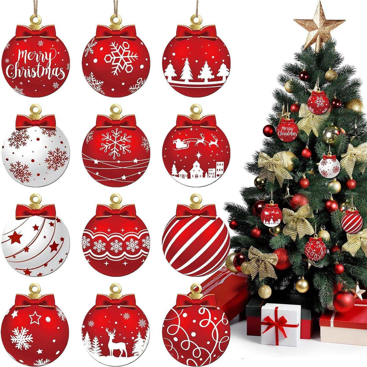 Chmadoxn 12 Pcs Wood Christmas Balls Ornaments, 3 Inch Hanging Xmas Balls for Tree Decoration, Christmas Tree Ornaments, Glittering Hanging Xmas Balls, Shatterproof Christmas Tree Decorations