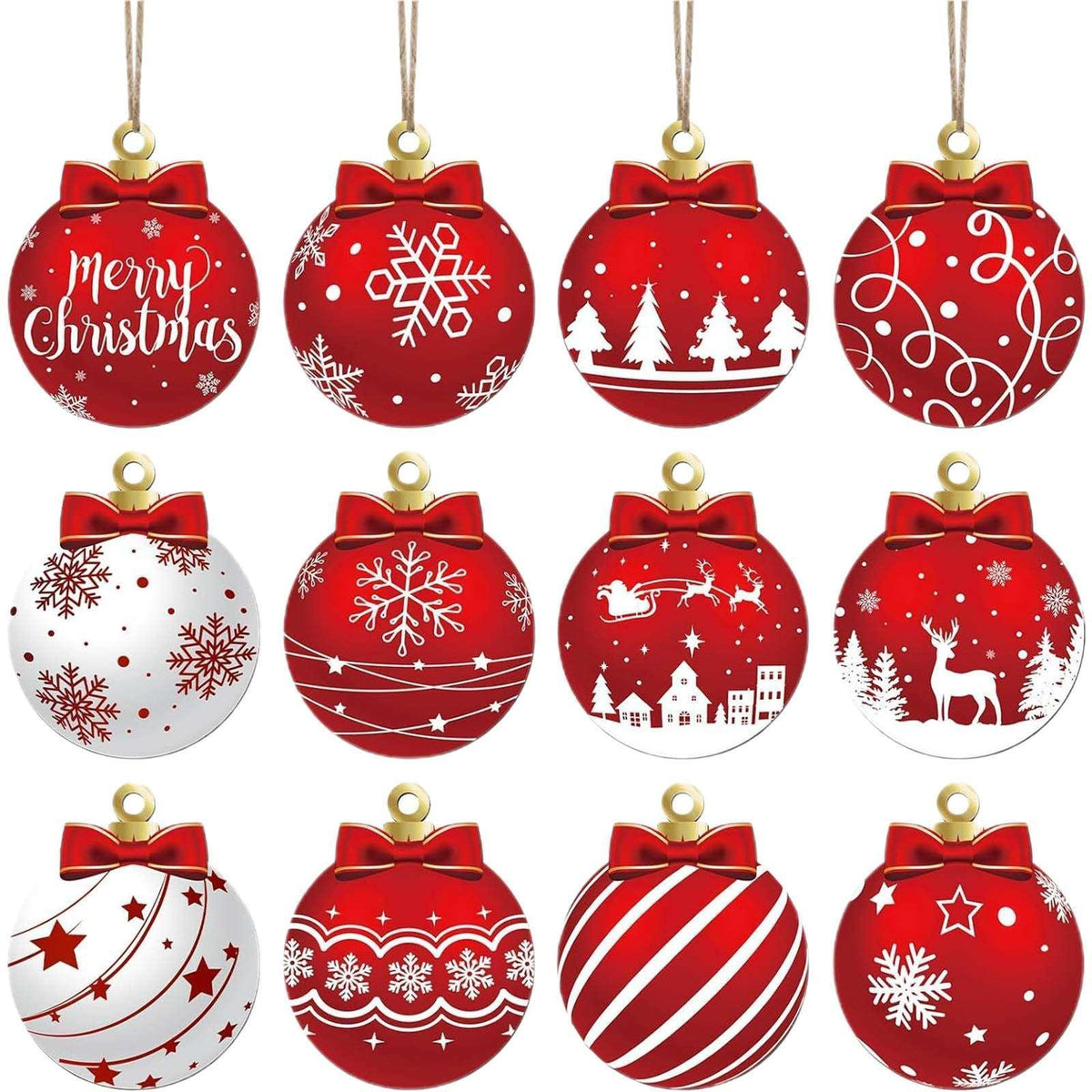 Chmadoxn 12 Pcs Wood Christmas Balls Ornaments, 3 Inch Hanging Xmas Balls for Tree Decoration, Christmas Tree Ornaments, Glittering Hanging Xmas Balls, Shatterproof Christmas Tree Decorations