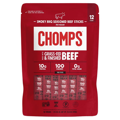 Chomps Smokey BBQ Seasoned Beef Sticks, 1.15 oz, 12-count