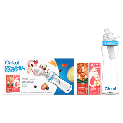 Cirkul 22oz Plastic Water Bottle Starter Kit with Blue Lid and 2 Flavor Cartridges (Honeycrisp Apple & Sweet Tea)