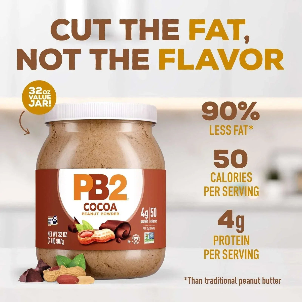PB2 Powdered Chocolate Peanut Butter with Cocoa - 4g of Protein, 90% Less Fat, Certified Gluten Free, Only 50 Calories per Serving for Shakes, Smoothies, Low-Carb, Keto Diets…
