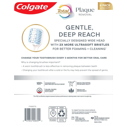Colgate Total Plaque Removal Manual Toothbrush, Ultra Soft, 6 pk.