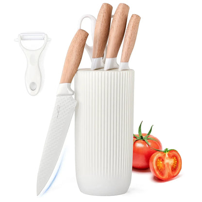 Joyfair Kitchen Knife Set, 7 Pcs Stainless Steel White Knives Block Set for Chef, Super Sharp Professional Knife Set with Universal Knife Block for Home Restaurant, Non-Stick & Anti-Rust