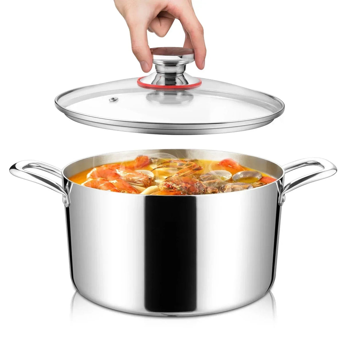 Coliware 6 QT Stainless Steel Stock Pot with Glass Lid , Cooking Soup Pot with 3-Ply Whole Clad for Home and Restaurant, Induction Cookware & Dishwasher Safe