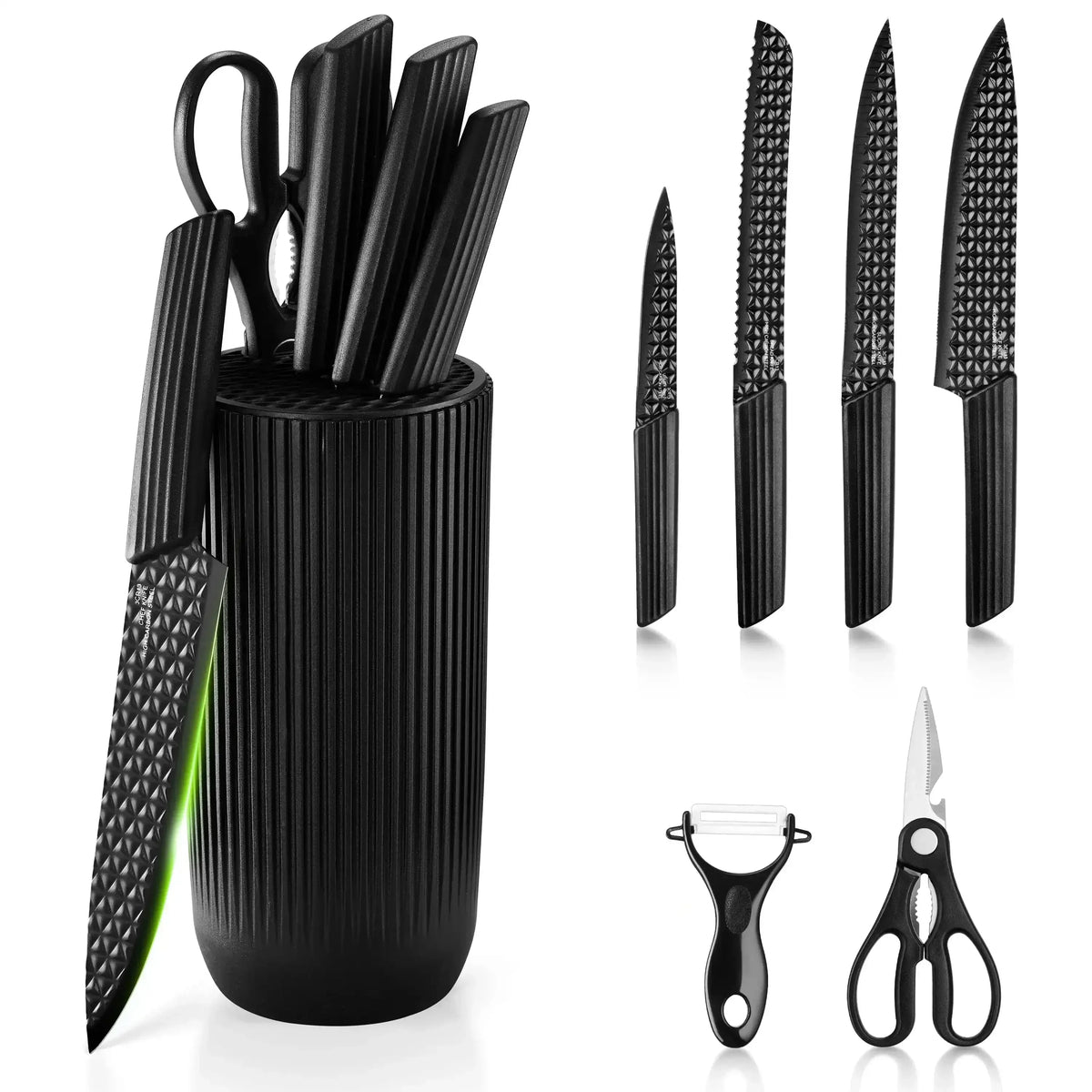 Joyfair Kitchen Knife Set, 7 Pcs Stainless Steel White Knives Block Set for Chef, Super Sharp Professional Knife Set with Universal Knife Block for Home Restaurant, Non-Stick & Anti-Rust