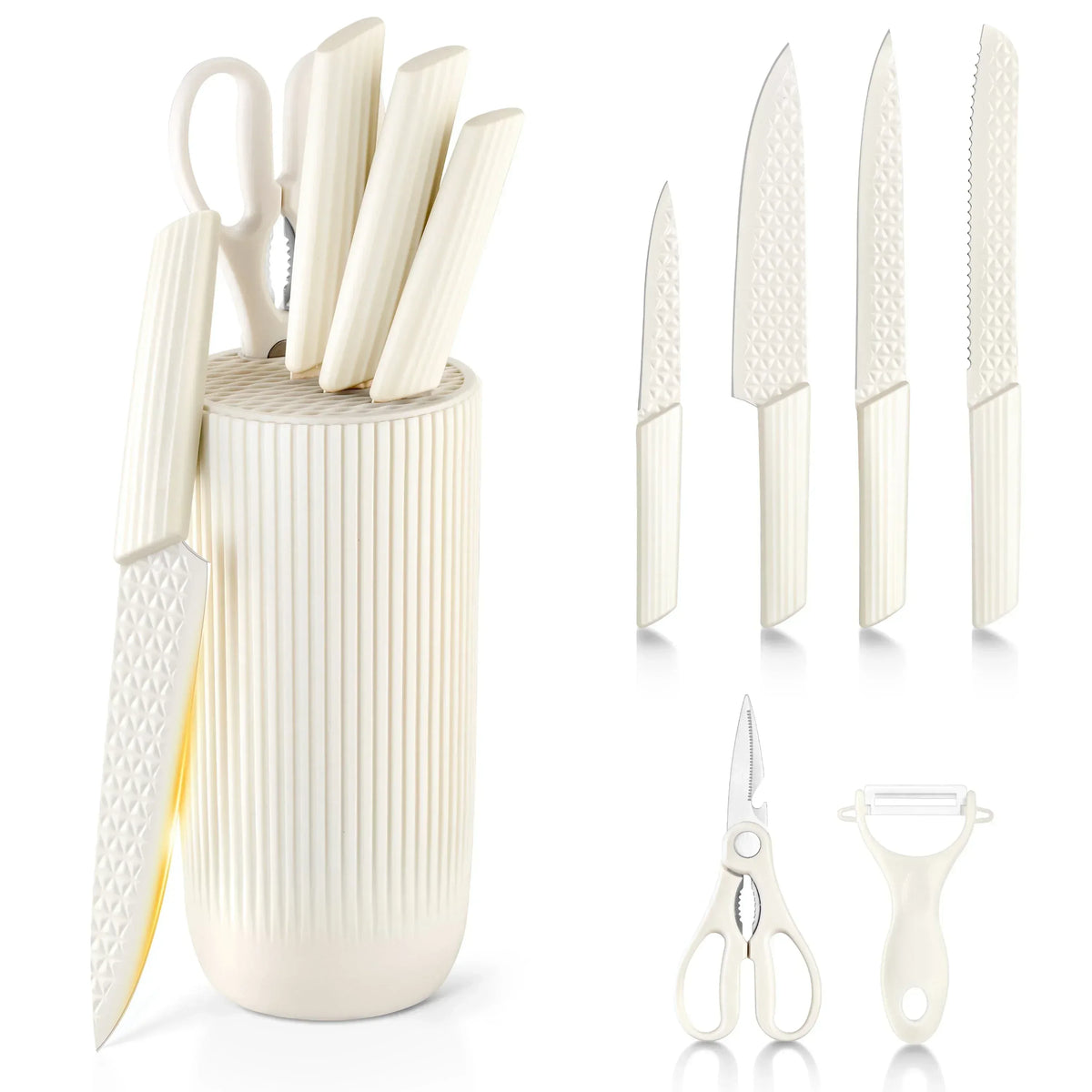 Joyfair Kitchen Knife Set, 7 Pcs Stainless Steel White Knives Block Set for Chef, Super Sharp Professional Knife Set with Universal Knife Block for Home Restaurant, Non-Stick & Anti-Rust