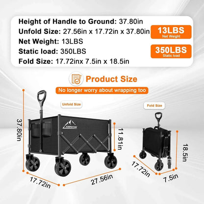 Collapsible Folding Wagon Cart, 350LBS Utility Large Capacity Cart Foldable Wagon with All Terrain Wheels, Grocery Wagons Carts for Garden Shopping Sports Camping