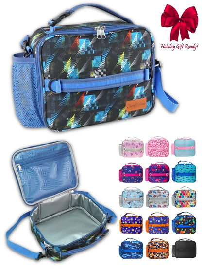 ComfiTime Lunch Bag for Kids – Insulated Lunch Box for Girls and Boys, Cute Reusable Cooler Bag with Zipper Pockets, Bottle Holder, Padded Handles and Shoulder Strap (Blue Camouflage)