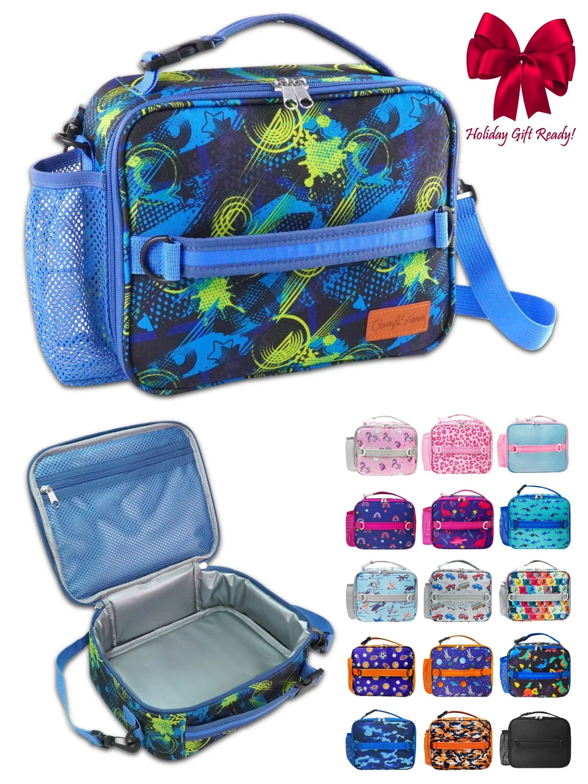 ComfiTime Lunch Bag for Kids – Insulated Lunch Box for Girls and Boys, Cute Reusable Cooler Bag with Zipper Pockets, Bottle Holder, Padded Handles and Shoulder Strap (Blue Camouflage)