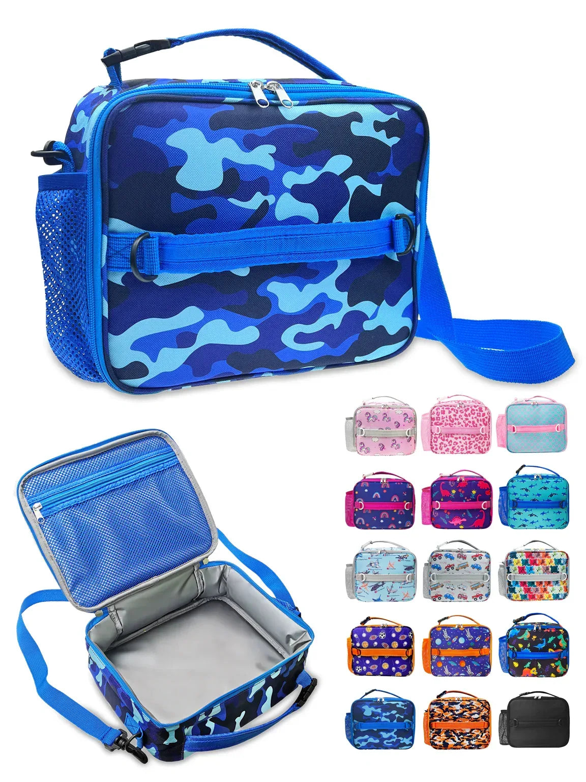 ComfiTime Lunch Bag for Kids – Insulated Lunch Box for Girls and Boys, Cute Reusable Cooler Bag with Zipper Pockets, Bottle Holder, Padded Handles and Shoulder Strap (Blue Camouflage)