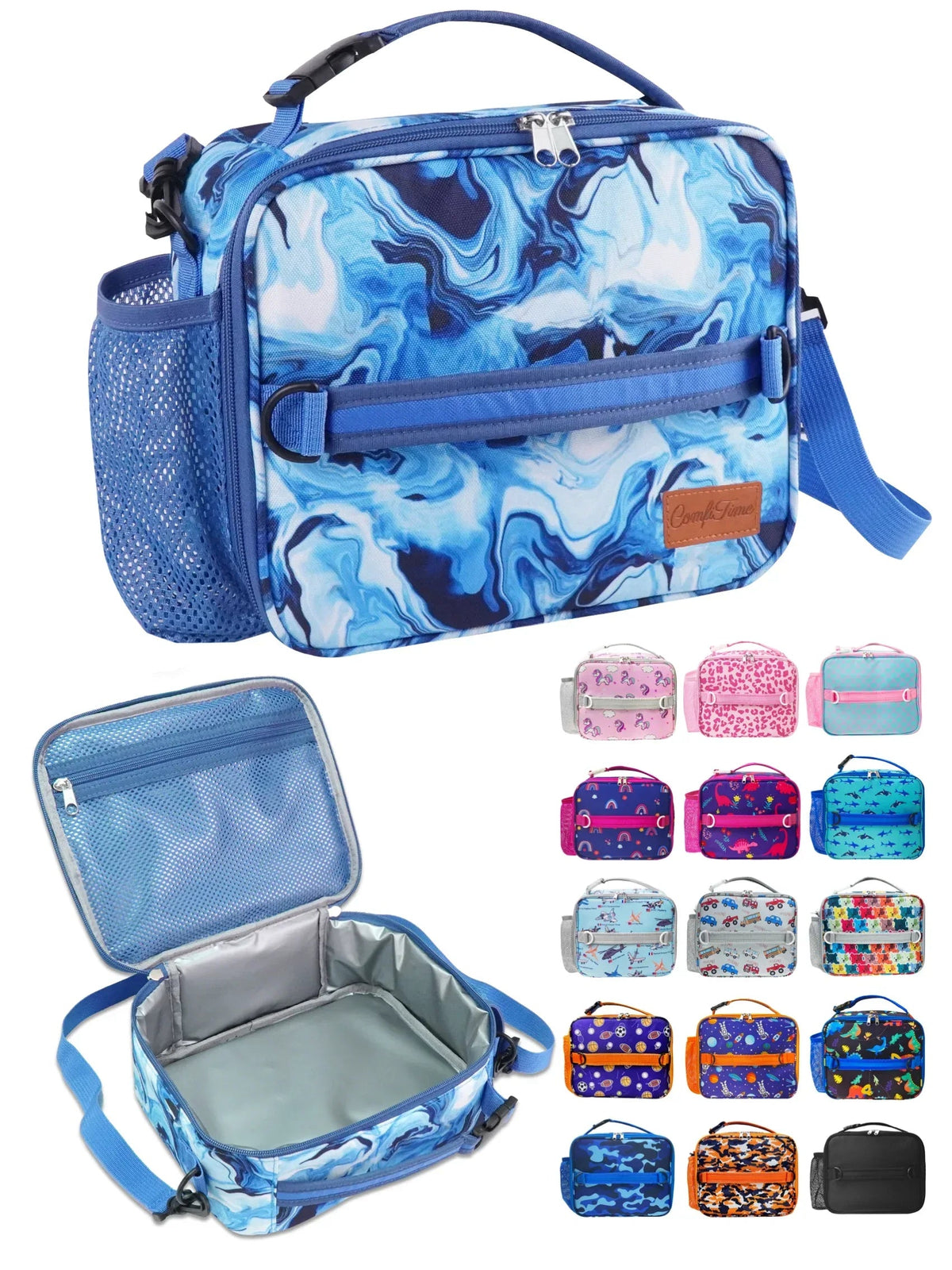 ComfiTime Lunch Bag for Kids – Insulated Lunch Box for Girls and Boys, Cute Reusable Cooler Bag with Zipper Pockets, Bottle Holder, Padded Handles and Shoulder Strap (Blue Camouflage)