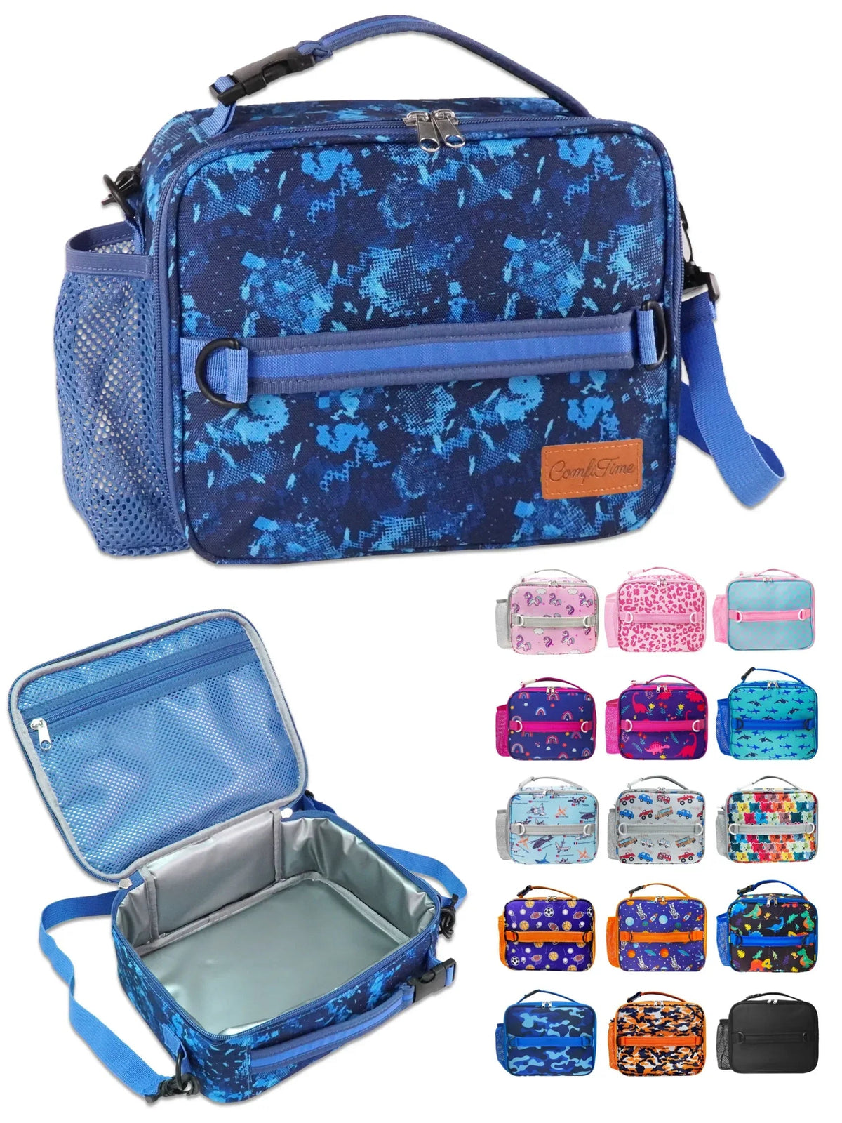 ComfiTime Lunch Bag for Kids – Insulated Lunch Box for Girls and Boys, Cute Reusable Cooler Bag with Zipper Pockets, Bottle Holder, Padded Handles and Shoulder Strap (Blue Camouflage)